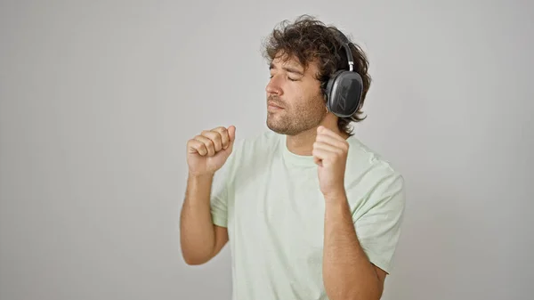 Young Hispanic Man Listening Music Dancing Isolated White Background — Stock Photo, Image