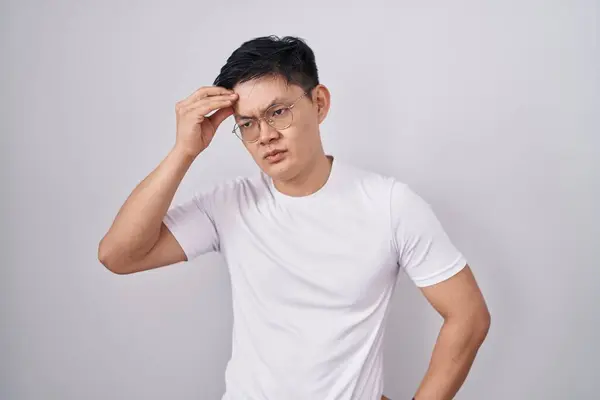 Young Asian Man Standing White Background Worried Stressed Problem Hand — Stock Photo, Image