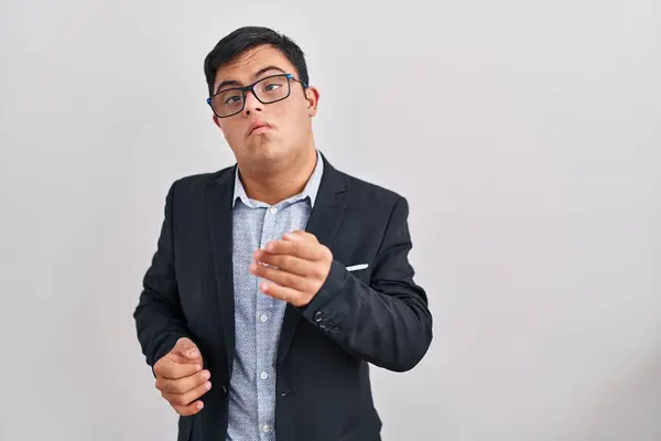 Young Hispanic Man Syndrome Wearing Business Style Looking Camera Blowing — Stock Photo, Image