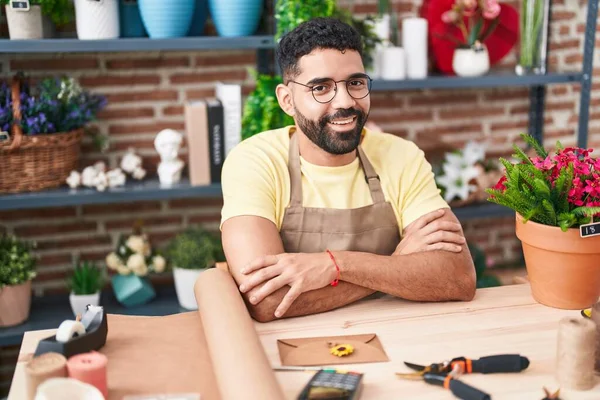 Young Arab Man Florist Smiling Confident Sitting Arms Crossed Gesture — Stock Photo, Image