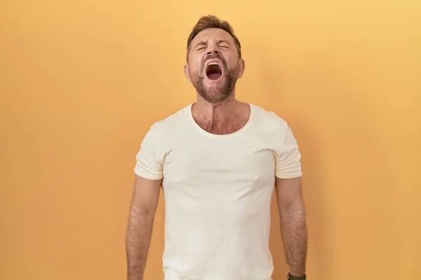 Middle Age Man Beard Standing Yellow Background Angry Mad Screaming — Stock Photo, Image