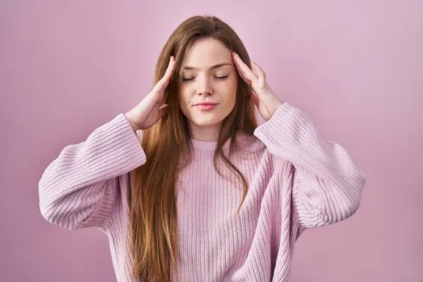 Young Caucasian Woman Standing Pink Background Hand Head Headache Because — Stockfoto