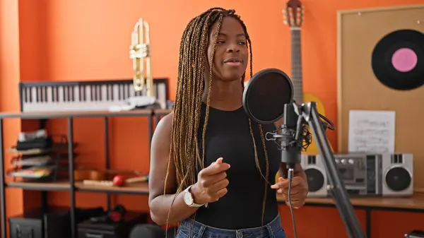 African American Woman Musician Smiling Confident Singing Song Music Studio — Foto de Stock
