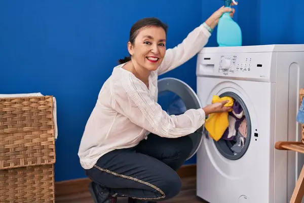 Middle Age Woman Cleaning Washing Machine Laundry Room — Stok fotoğraf