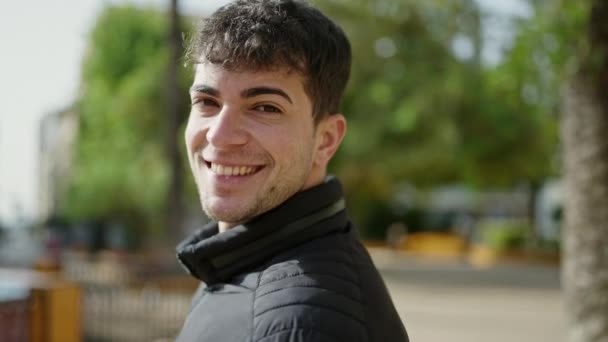 Young Hispanic Man Smiling Confident Park — 图库视频影像
