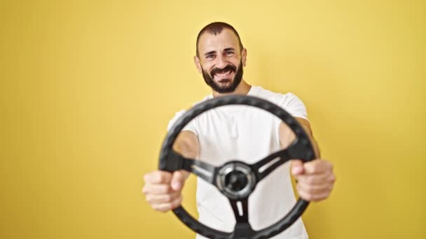 Young Hispanic Man Smiling Confident Using Steering Wheel Driver Isolated — Stock Video
