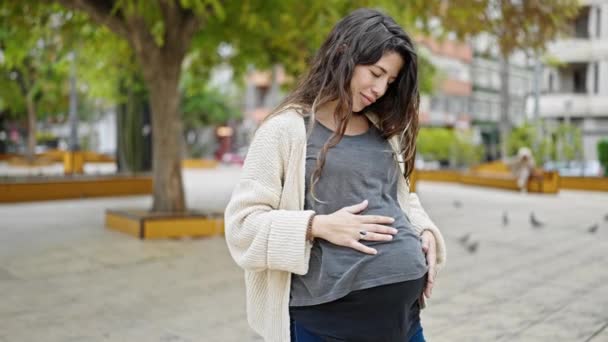 在公园里 年轻的孕妇带着自信的笑容摸着肚子 — 图库视频影像