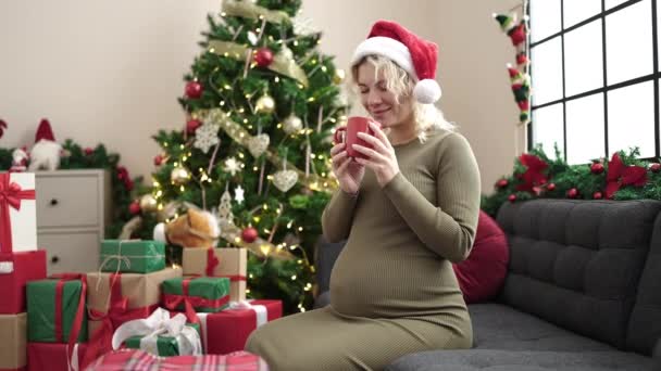 Młoda Ciężarna Kobieta Pachnąca Filiżanką Kawy Świętującej Boże Narodzenie Domu — Wideo stockowe