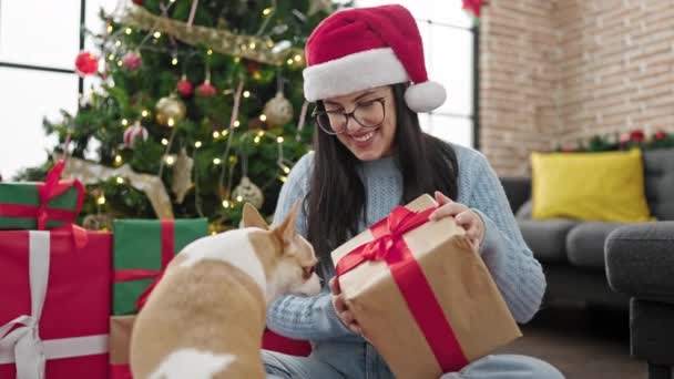 Young Hispanic Woman Chihuahua Dog Smiling Wearing Christmas Hat Holding — Stock Video