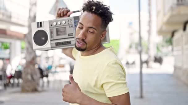 African American Man Listening Music Boombox Dancing Street — Stock Video