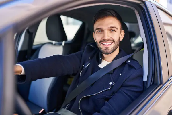 Young Hispanic Man Smiling Confident Driving Car Street — 스톡 사진