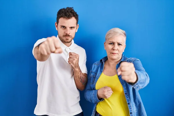 Young Brazilian Mother Son Standing Blue Background Punching Fist Fight — Stock Photo, Image