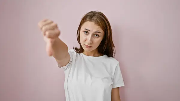 Young Woman Doing Negative Sign Thumb Isolated Pink Background — Stock Photo, Image