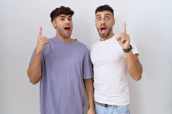 Homosexual Gay Couple Standing White Background Pointing Finger Successful Idea — Stock Photo, Image