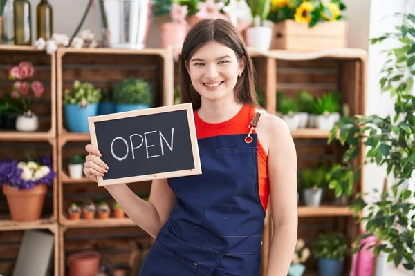 Young Caucasian Woman Working Florist Holding Open Sign Looking Positive — Stock Photo, Image