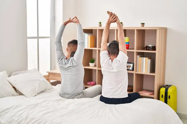 Two Men Couple Waking Stretching Arms Bedroom — Stockfoto