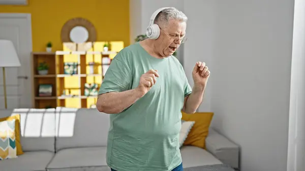 Middle Age Grey Haired Man Listening Music Dancing Home — Stock Photo, Image