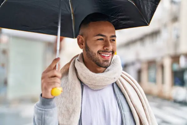African American Man Smiling Confident Holding Umbrella Street — Stockfoto