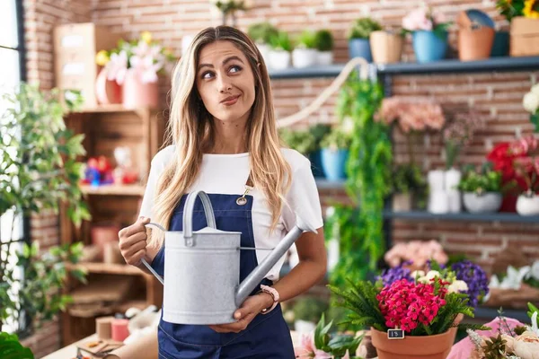 Young Blonde Woman Working Florist Shop Smiling Looking Side Staring — Photo