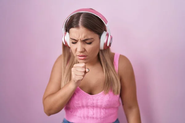 Young Blonde Woman Listening Music Using Headphones Feeling Unwell Coughing — Stock Photo, Image