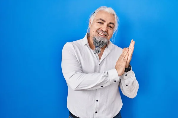 Middle Age Man Grey Hair Standing Blue Background Clapping Applauding — Stock Photo, Image
