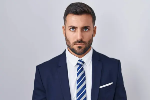 Handsome Hispanic Man Wearing Suit Tie Skeptic Nervous Frowning Upset — Stock Photo, Image