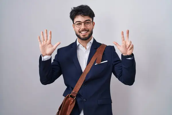 Hispanic Man Beard Wearing Business Clothes Showing Pointing Fingers Number — Stock Photo, Image