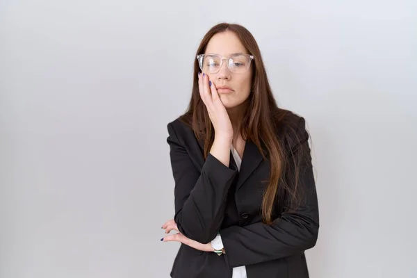 Beautiful Brunette Woman Wearing Business Jacket Glasses Thinking Looking Tired — Stock Photo, Image