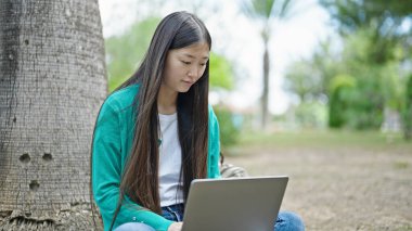 Genç Çinli kadın parkta dizüstü bilgisayar kullanıyor.