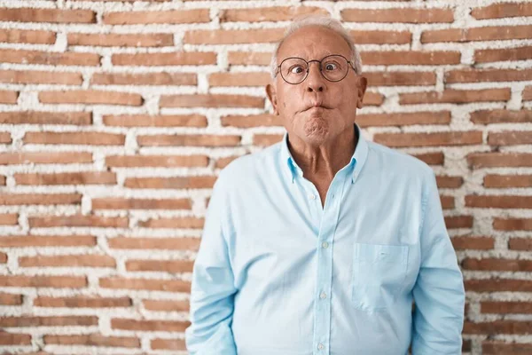 Idősebb Férfi Ősz Hajjal Téglafal Fölött Áll Halfejet Vágva Ajkakkal — Stock Fotó