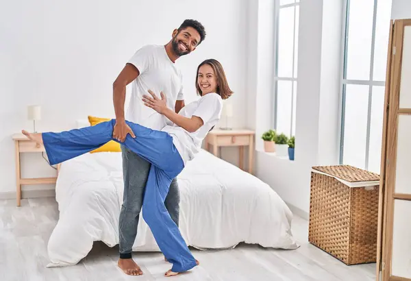 Man Woman Couple Smiling Confident Dancing Bedroom — Stock Photo, Image