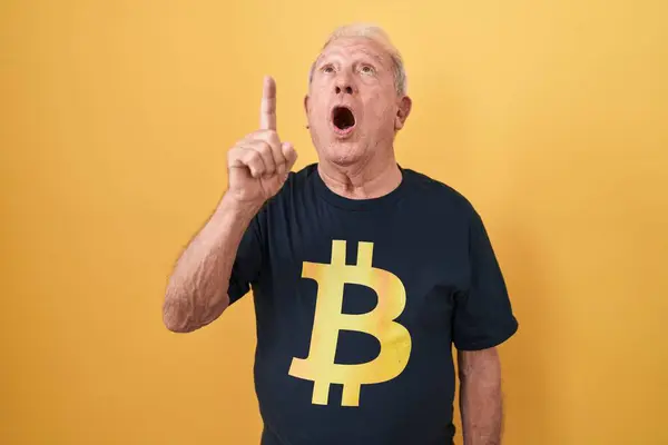 Homem Sênior Com Cabelos Grisalhos Vestindo Camiseta Bitcoin Surpreso Surpreso — Fotografia de Stock