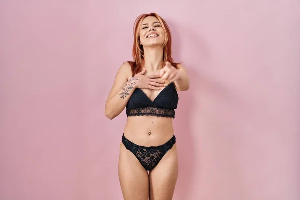 Young Caucasian Woman Wearing Lingerie Pink Background Laughing You Pointing — Stock Photo, Image