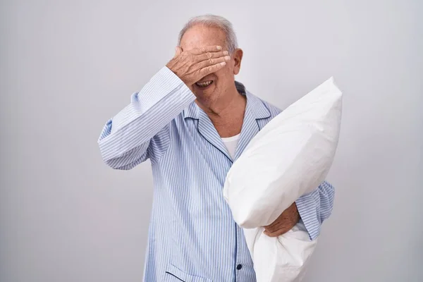 Senior Man Grey Hair Wearing Pijama Hugging Pillow Covering Eyes — Stock Photo, Image