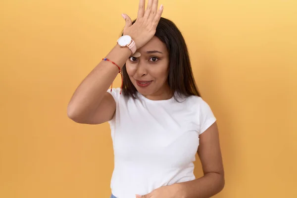 Young Arab Woman Wearing Casual White Shirt Yellow Background Surprised — Stock Photo, Image