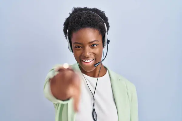 African American Woman Wearing Call Center Agent Headset Pointing You — Stock Photo, Image