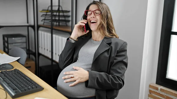 Young Pregnant Woman Business Worker Talking Smartphone Touching Belly Office — Stock Photo, Image