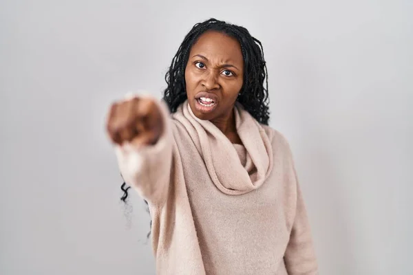 African Woman Standing White Background Pointing Displeased Frustrated Camera Angry — стоковое фото