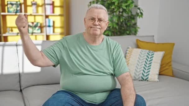 Middle Age Grey Haired Man Smiling Confident Sitting Sofa Doing — Stock Video