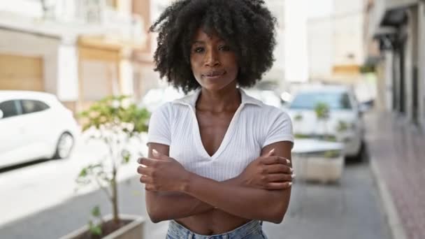 African American Woman Standing Serious Expression Arms Crossed Gesture Street — Stok video