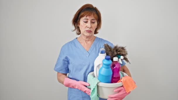 Middle Age Woman Professional Cleaner Holding Basket Clean Products Tired — Stock Video