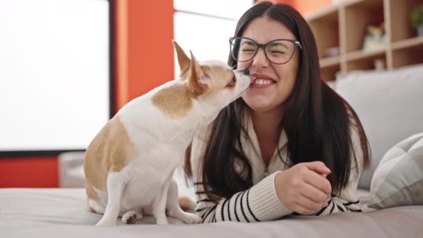 Молодая Латиноамериканка Собакой Чихуахуа Лежит Диване Целуется Дома — стоковое видео
