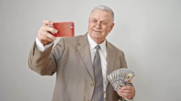 Středního Věku Šedovlasý Muž Obchodní Pracovník Aby Selfie Smartphone Držení — Stock video