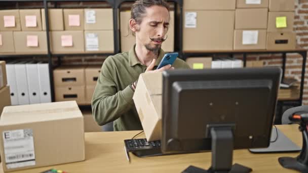 Young Hispanic Man Ecommerce Business Worker Scanning Package Office — Vídeos de Stock