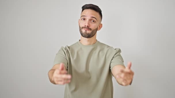 Young Hispanic Man Smiling Confident Doing Middle Finger Gesture Isolated — Stock Video