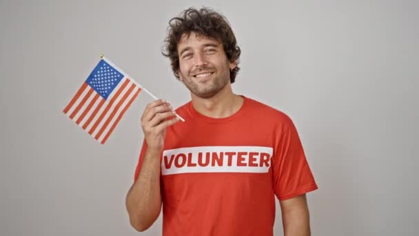 Young Hispanic Man Activist Holding United States Flag Isolated White — Stock Video