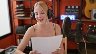 Müzik notaları okuyan genç sarışın bir müzisyen müzik stüdyosunda şarkı söylüyor.