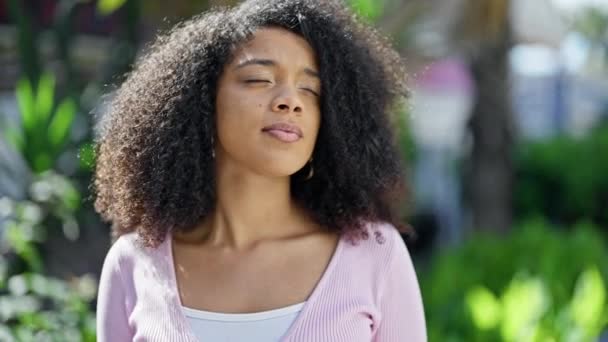 Afro Amerikalı Kadın Gülümsüyor Parkın Kenarına Bakıyor — Stok video