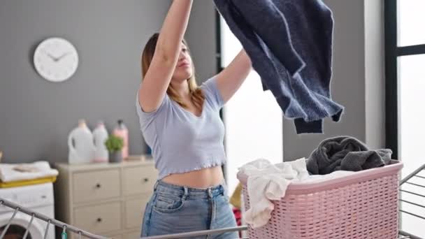Young Blonde Woman Hanging Clothes Clothesline Laundry Room — Αρχείο Βίντεο