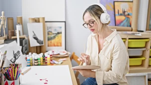 年轻的金发女艺术家在艺术工作室听音乐时在纸上画画 — 图库视频影像